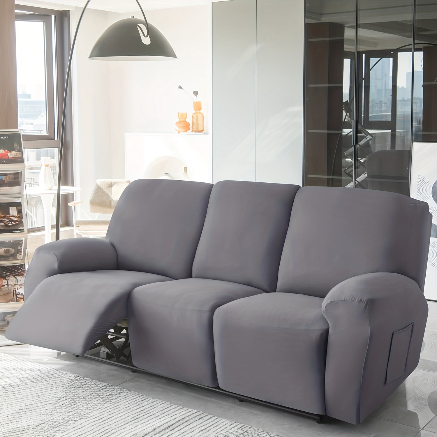 ENIYUU 8-Piece Velvet Sofa Slipcover Set - Luxurious Machine Washable Stretchy Recliner Chair Covers with Side Pocket for 3-Cushion Reclining Couch - Ultimate Furniture Protection and C