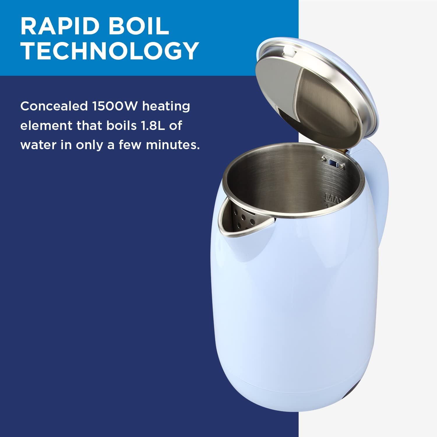 Westinghouse 1500W Electric Kettle, 1.8L Stainless Steel, Blue with Auto Shutoff Feature