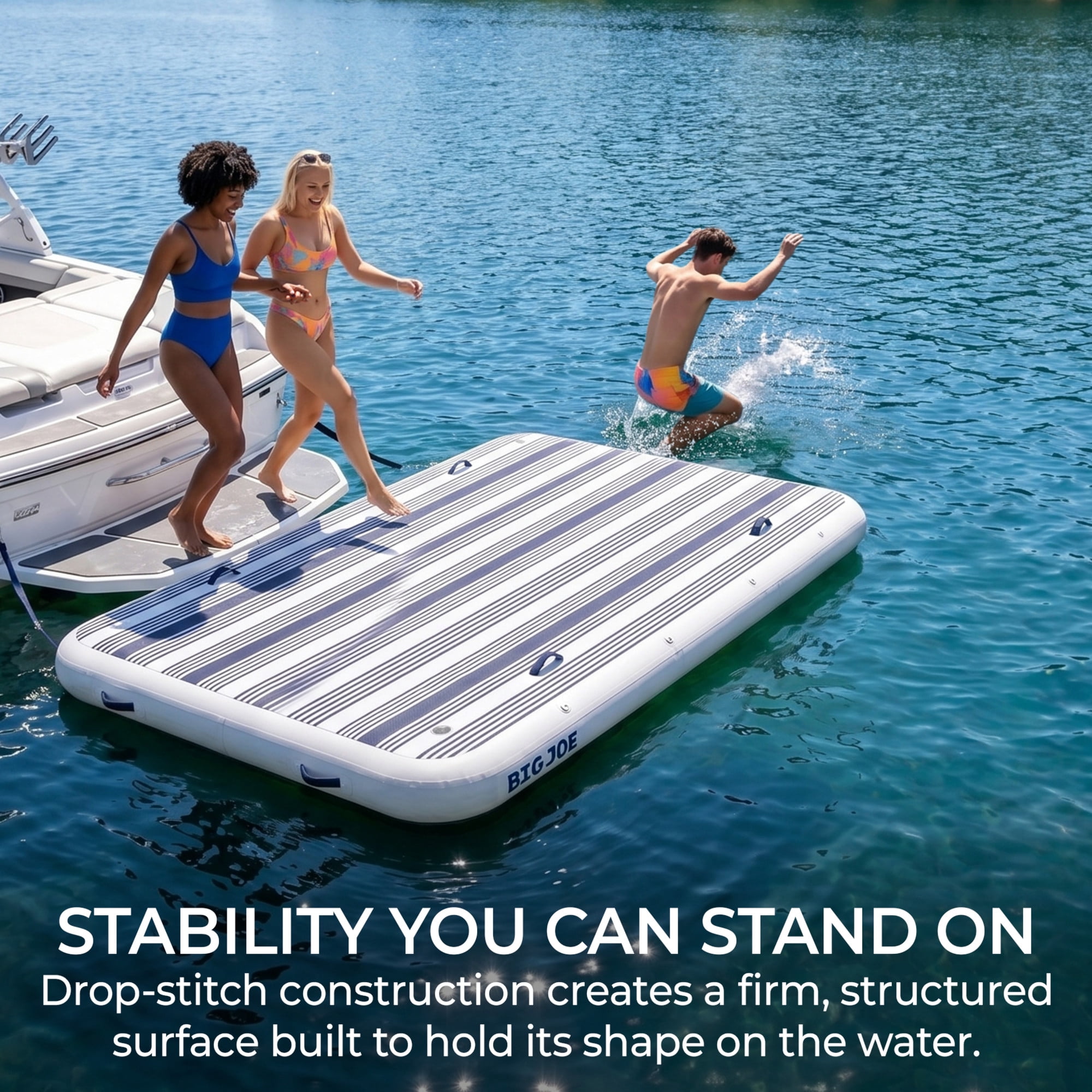 Big Joe TidalJoy 10' x 6.5' Inflatable Floating Dock for Adults, Heavy Duty Lake Platform & Boat Raft with Handles, Navy Stripe