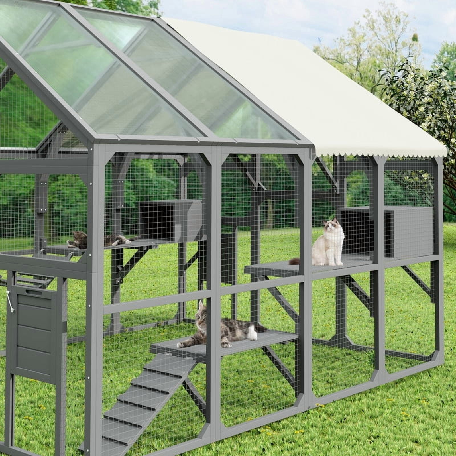 Mirightone Large Catio Outdoor Cat Enclosure with Bridge and Ramp, Wooden Cat House with&nbsp;7 Platforms, 2 Resting Boxes, Cat Outdoor Enclosure with Sunshine Board Roof, Grey