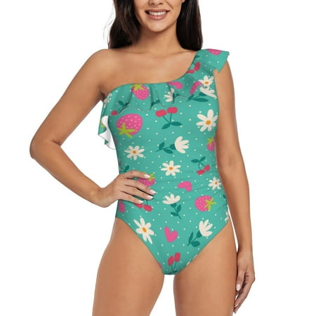 Rateoe Cherry Strawberry Floral Pattern Women One Piece Swimsuits Tummy Control One Shoulder Bathing Suits Ruffle Swimwear-Large