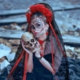 thumbnail image 5 of HOWAF Halloween Day of the Dead Headband Veil Rose Floral Crown Mexican Headband Halloween Face Tattoos Day of The Dead Tattoo Halloween Lace Necklace Bracelet Earrings for Women Halloween Costume, 5 of 7