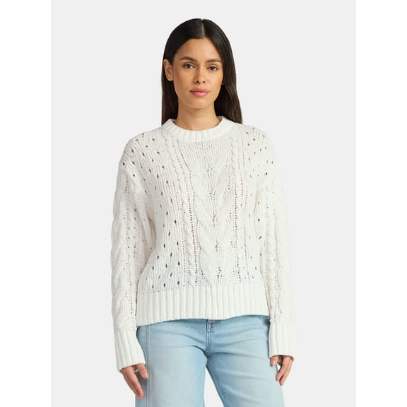 Time and Tru Women's Cable Knit Pullover Sweater with Long Sleeves, Midweight, Sizes XS-XXXL