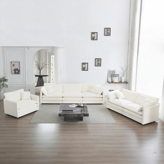 Modern 3 Piece Sofa Set with Extra Deep Seat & Premium Chenille, White