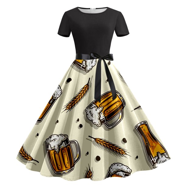 WILLBEST Vestidos para Mujer Vestido Informal de Verano de Manga Corta con Cuello Redondo y Cinturón Extraíble con Estampado de Oktoberfest Grande