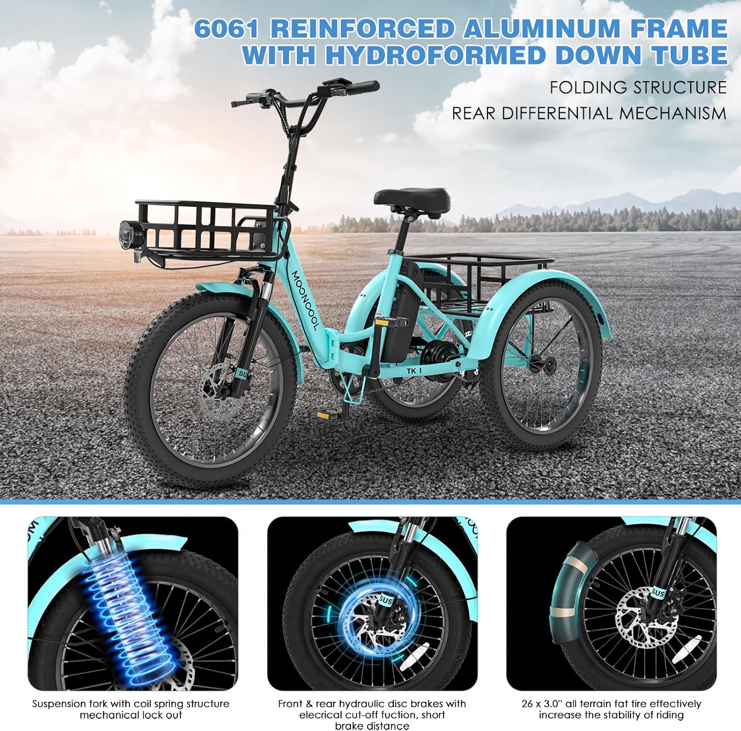 Mooncool 20" x 4" Fat Tire Electric Tricycle for Adults, Electric Trike with Front & Rear Basket, Peak 1100w Motor 48V Removable Battery, 3 Wheel Electric Bicycle for Men Women Senior