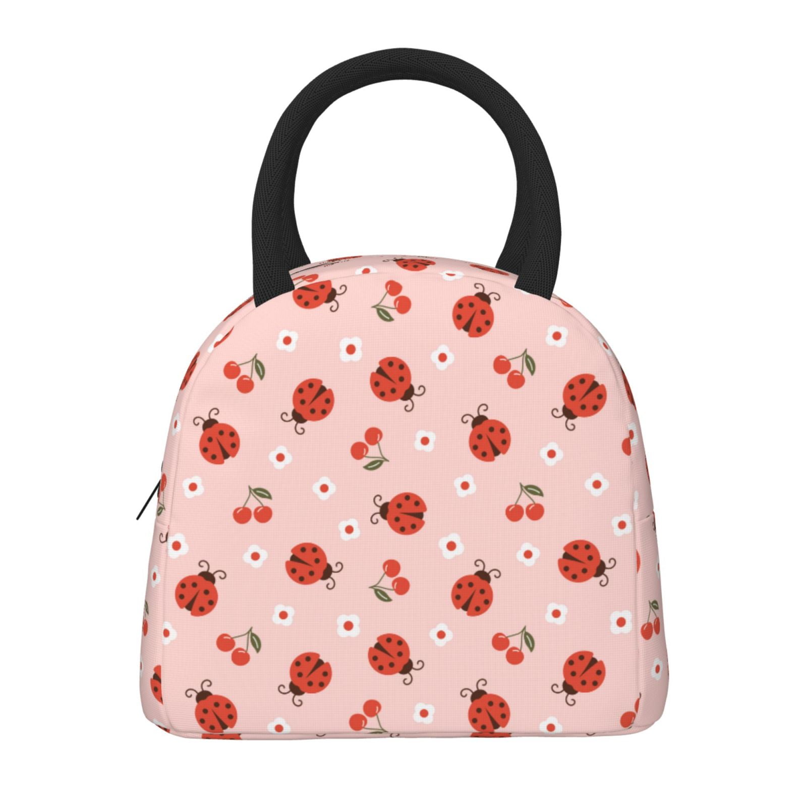 Horeoi Ladybug With Flower Pattern Large Insulated Lunch Bag for Work, School, Picnic - Waterproof, Durable Oxford Cloth, Comfortable Handle-Black