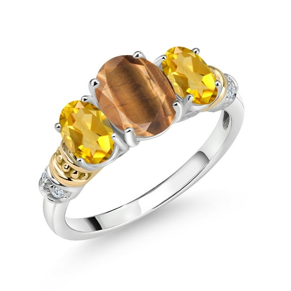Gem Stone King 925 Sterling Silver and 10K Yellow Gold Oval Brown Tiger Eye Yellow Citrine and White Diamond 3 Stone Ring for Women (2.18 Cttw, Gemstone Birthstone, Size 6)