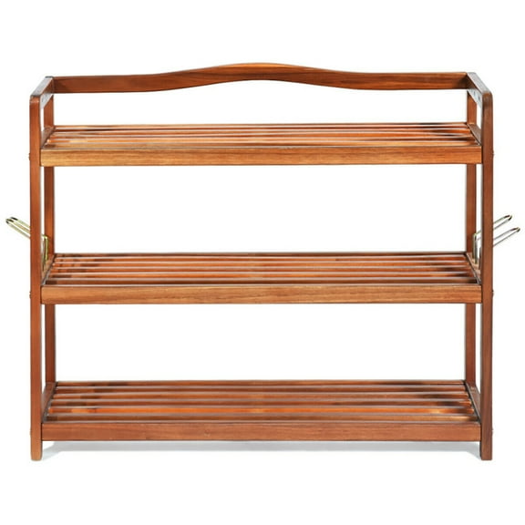 Topcobe 3-Tier Acacia Wood Shoe Rack with Side Metal Hooks, Shoe Organizer for Entryway, Living Room, Brown