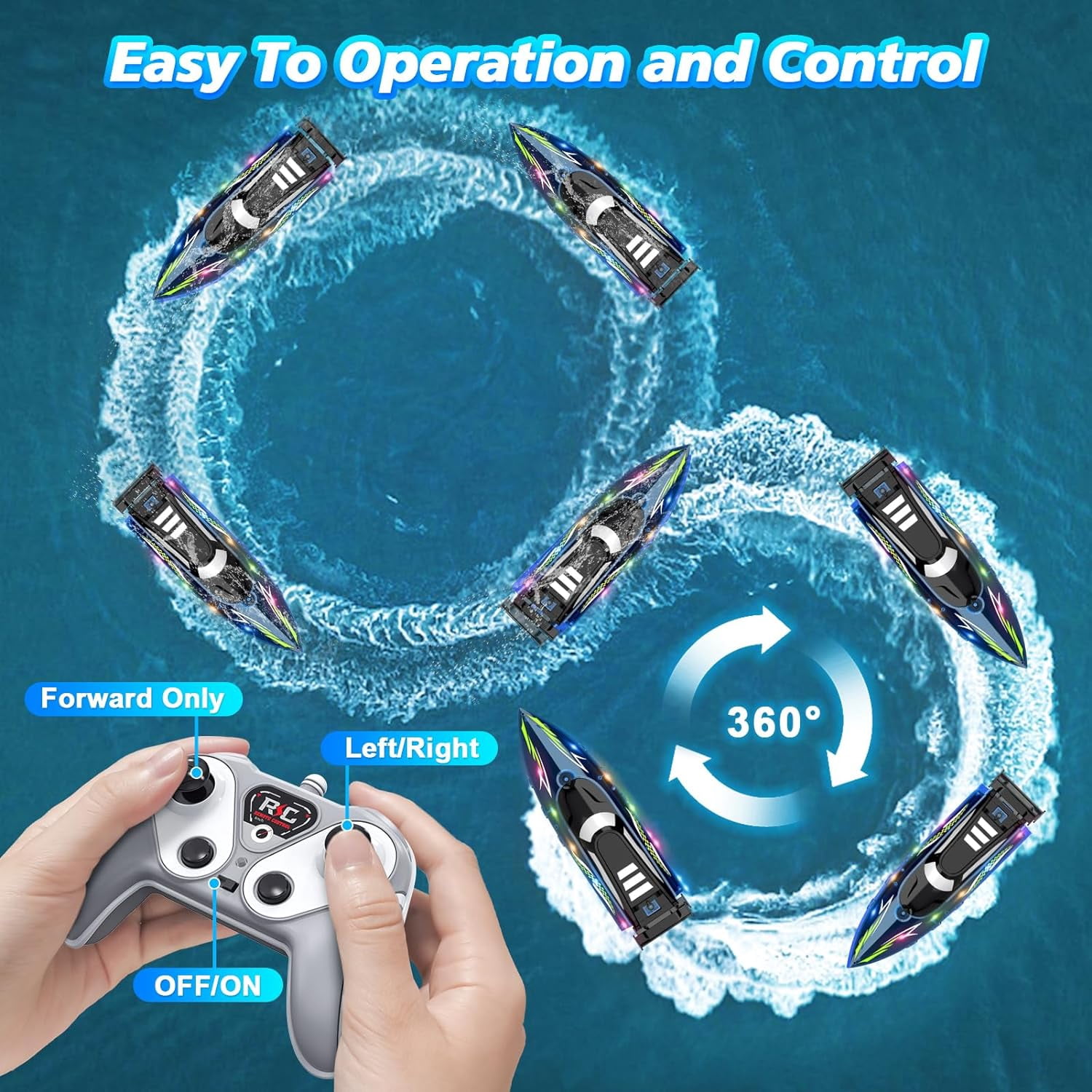 Remote Control Boat with LED Light Adults, 2.4Ghz Full Proportional RC Boat, Remote Control Boat for Pools and Lakes, 30 Min Running Time, Pool Toys