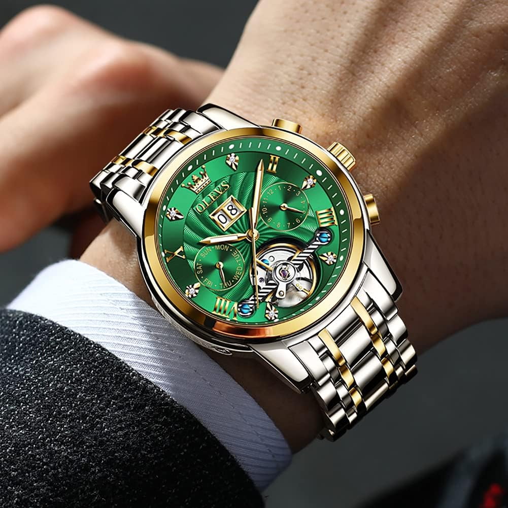 OLEVS Watch for Men Automatic Skeleton Tourbillon Mechanical Self Winding Business Luxury Dual Calendar Stainless Steel Luminous Waterproof Man Wrist Watches Green Dial