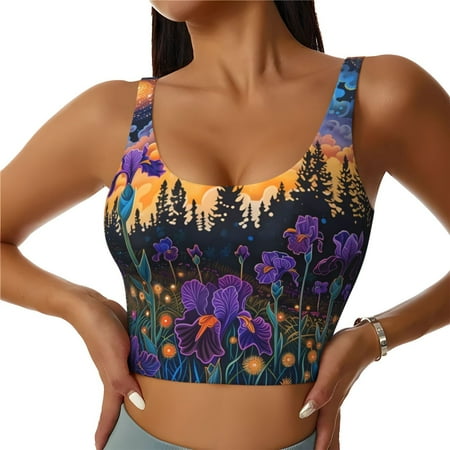 Qokaie Cosmic Irises At Twilight Pattern Womens Scoop Neck Sports Bra Breathable Workout Vest Padded U Back Medium Impact Fitness Gym Yoga Bra Workout Crop Top-Small