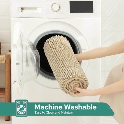 3 Pieces Beige Bathroom Rugs Set, Ultra Soft Non Slip Bath Rug and Absorbent Chenille Bath Mat, Includes U-Shaped Contour Rug, Bath Mat and Toilet Lid Cover, Perfect for Bathroom, Tub