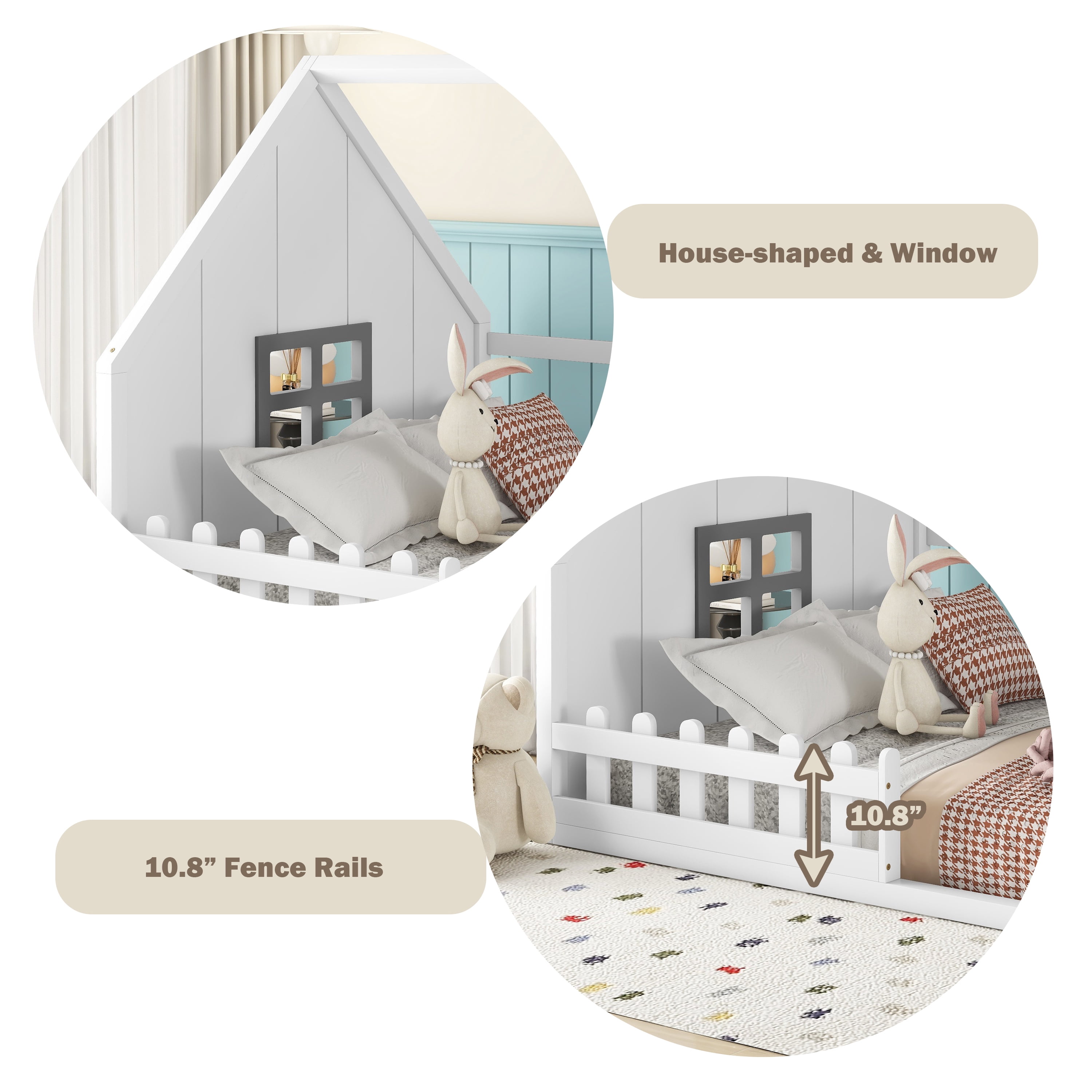 Bellemave House Bed Full Size Floor Bed with Fence Railings and Window, Wooden Montessori Floor Bed,Full Size Bed Frame,White