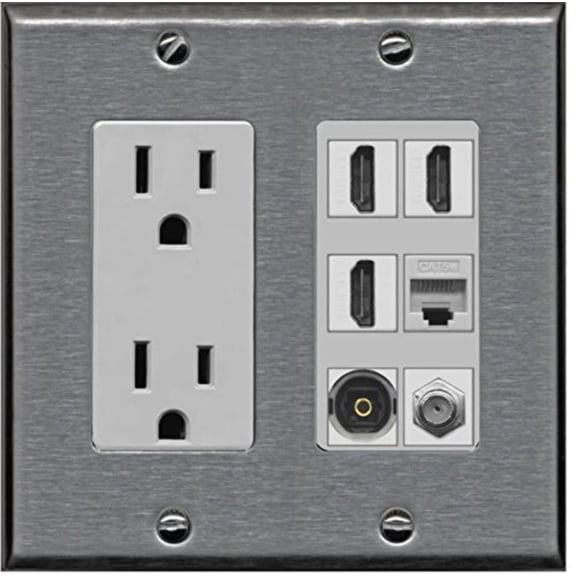 RiteAV Power Outlet 3 HDMI Coax Cat5e Toslink Wall Plate - Stainless Steel/Gray