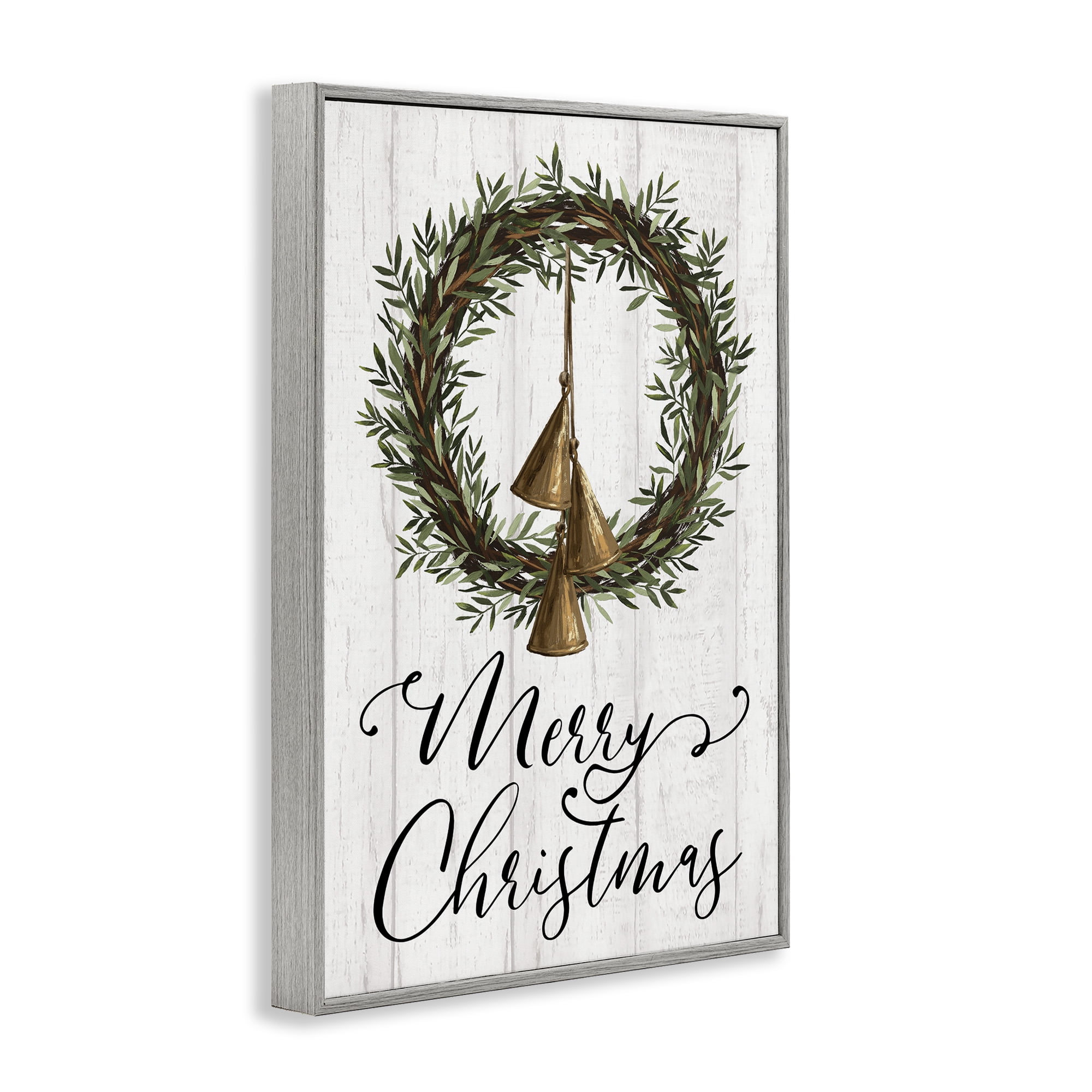 Stupell Industries Christmas Wreath & Bells Holiday Painting Gray Framed Art Prints Wall Art, 16 x 24