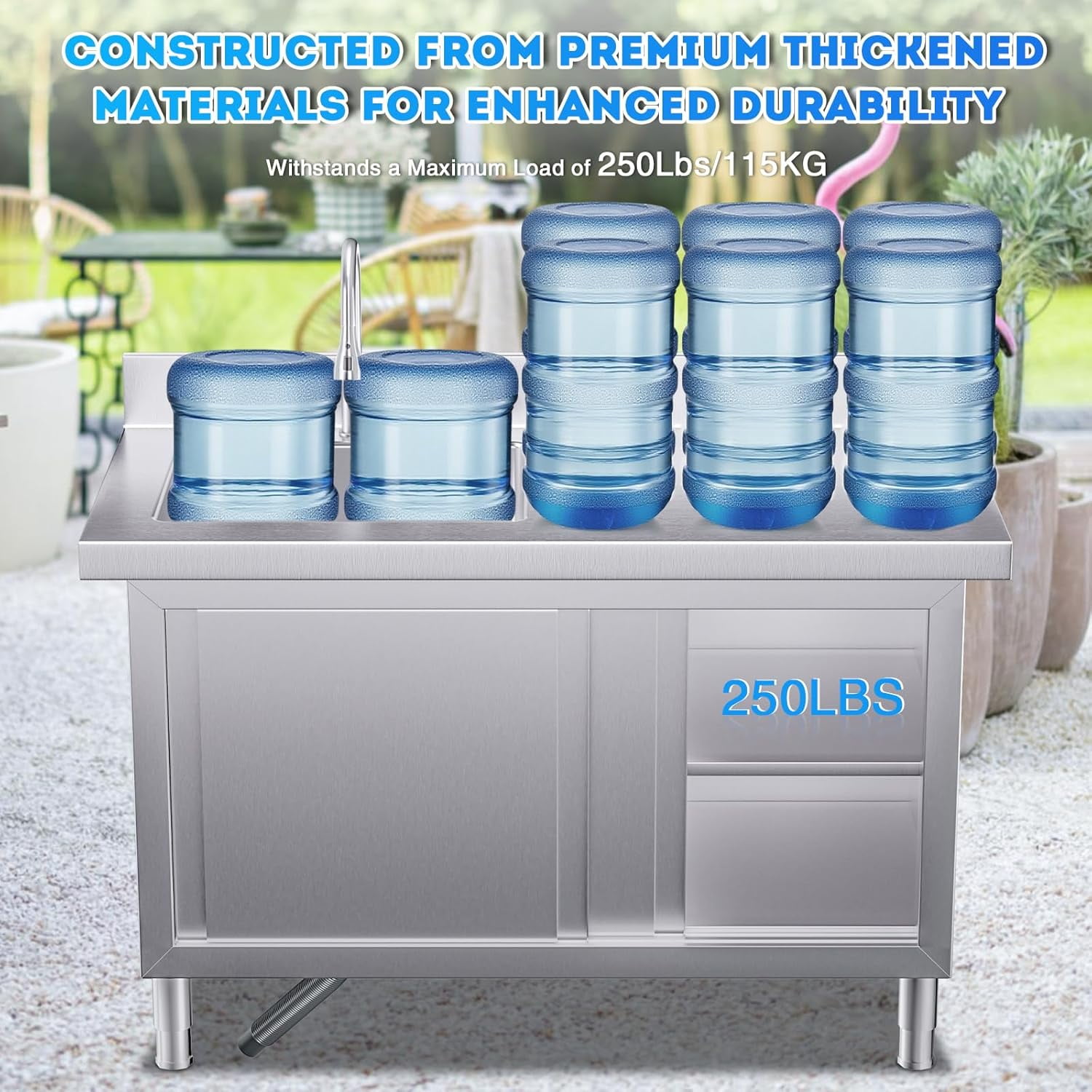 Esheno Outdoor Stainless Steel Kitchen Sink 22.2"D x 43.3"W x 31.5"H Freestanding Workbench Storage Pull-out Faucet For Garage