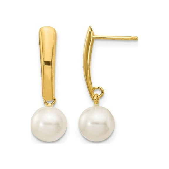 14K Yellow Gold Freshwater Cultured White Pearl 6-7mm Dangle Earrings