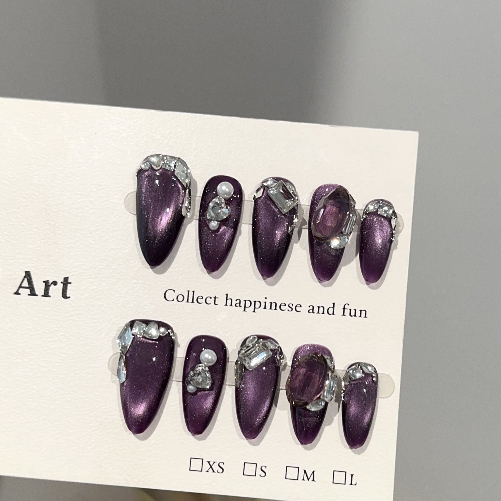 Purely handmade wearing nail advanced sense black purple cat eye almond nail art piece light luxury pile diamond flash fake nail patch