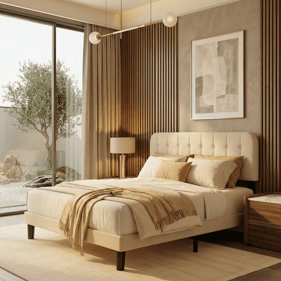 Upholstered Platform Bed Frame with Headboard, Sturdy Wooden Slats, Noise-Free, No Box Spring Needed, Easy Assembly, Modern Bedroom Furniture - Queen, Beige
