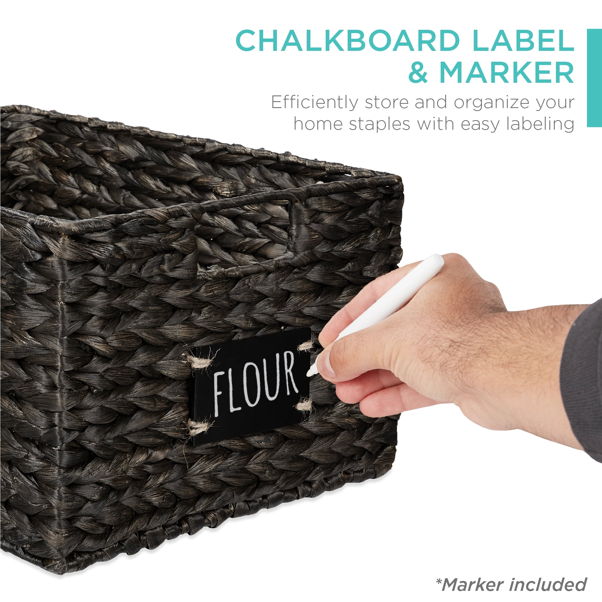 Best Choice Products Set of 2 16in Woven Water Hyacinth Pantry Baskets w/ Chalkboard Label, Chalk Marker - Black