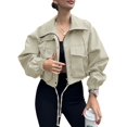 thumbnail image 2 of Spring Fall Women Long Sleeve Turn-down Collar Casual Zipper Jacket Loose Anorak Crop Coat with Pocket, 2 of 5