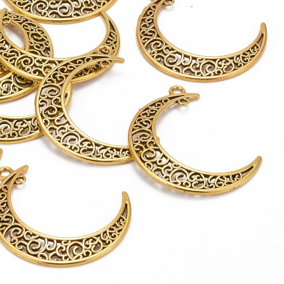 20pcs style Alloy Hollow Moon 2-Loop Link Pendants Cadmium Free & Lead Free Antique Golden 37x8x2mm Hole: 1~3mm