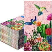 100Pcs Bird Guest Napkins 3 Ply Disposable Pink Cactus Flower Paper Napkins Summer Dinner Hand Napkin Towel for Home Kitchen Bathroom Seasonal Holiday Party Supplies, 13 x 15.7 Inch