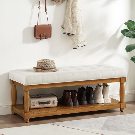 CQSXDA Upholstered Linen Bench with Storage Shelf, Tufted Ottoman Furniture with Solid Wood Spindle Legs for Bedroom Entryway Living Room, Ivory