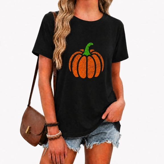 VNJQPG Women's Classic Pumpkin Graphic Short Sleeve Fall T-Shirt(B8-Black,L)