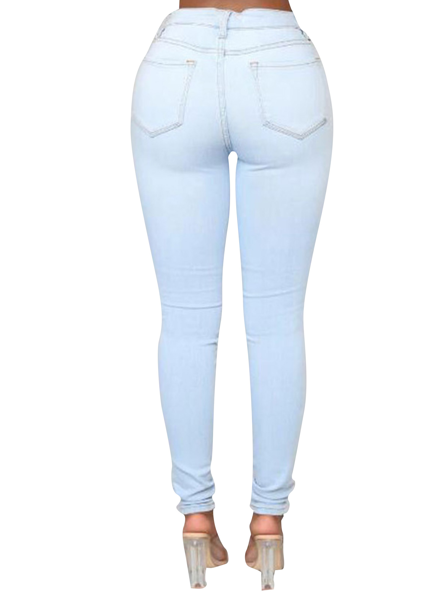 Women High Rise Distressed Solid Stretch Sexy Skinny Leg Denim Jeans Bodycon Jeggings Pencil Pants Trousers With Pockets - image 5 of 5