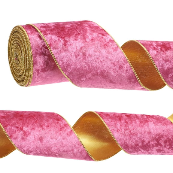 Uxcell Velvet Wired Ribbon, Gold Crushed Ribbons for Gift Wrapping and Crafts Rose Pink 4 in