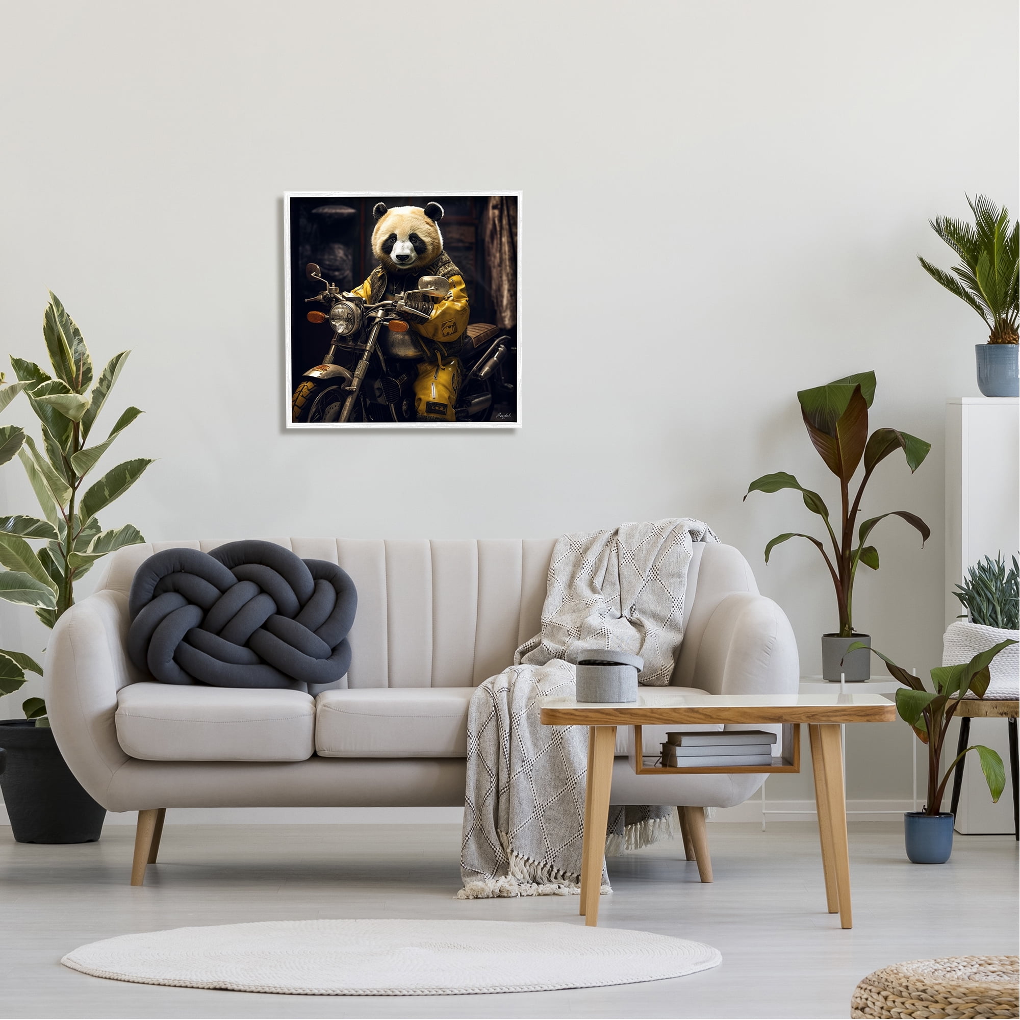 Stupell Industries Panda on Motorcycle Animals & Insects Painting White Framed Art Print Wall Art, 24 x 24