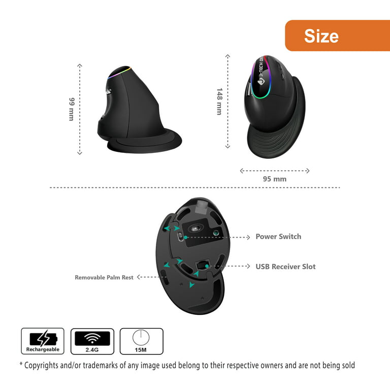 Ergonomic Vertical Wireless Mouse: Rechargeable RGB Ergo Mouse with 3200  Adjustable DPI, Removable Palm Rest, Compatible with Windows and MAC OS