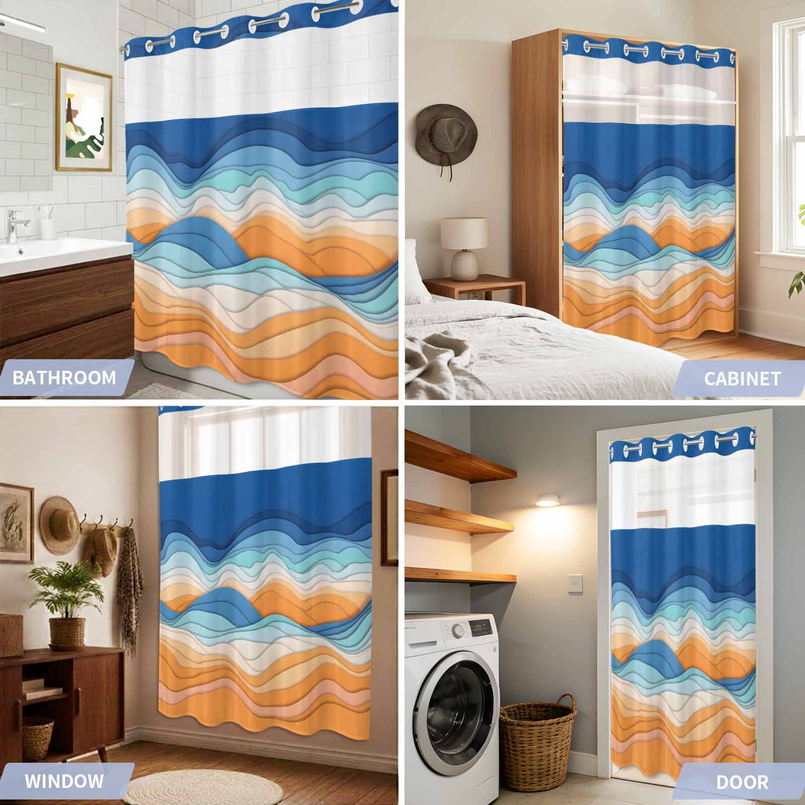 No Hook Shower Curtain Ombre Orange Blue Shower Curtain for Bathroom Abstract Mountain Waves Lines Bath Curtains Waterproof Fabric with See Through Top Window for Spa Hotel 36x72 Inch