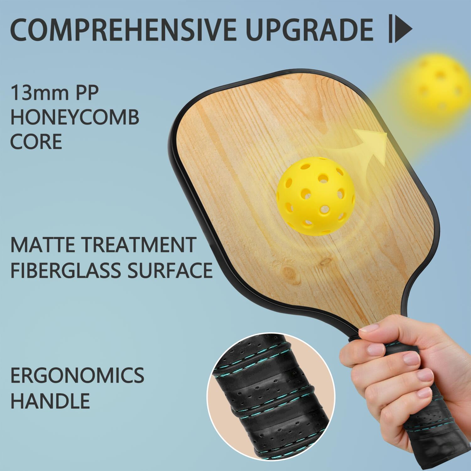 Pickleball Paddles Set Of 2, Fiberglass Surface, Wood Grain Print, 4 Balls & Bag