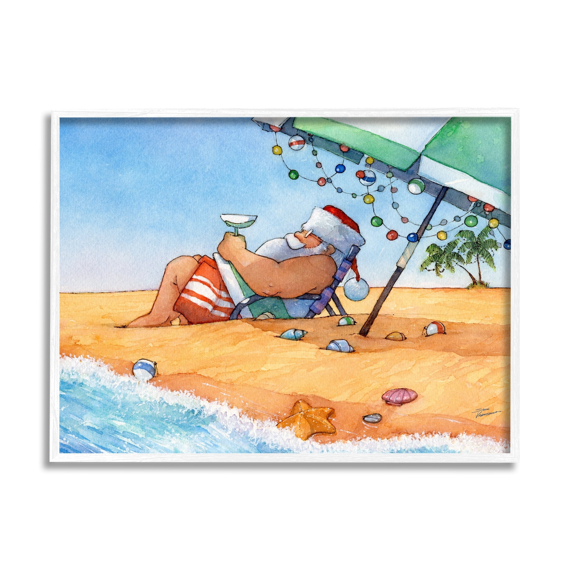 Santa Claus Lounging Beach Umbrella Seaside Christmas Holiday Painting Framed Art Print Wall Art