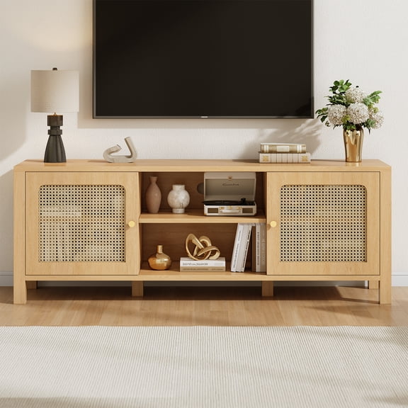 SIKAIC Rattan TV Stand with Cabinets and Adjustable Shelves,Boho Entertainment Center Fits for TVs up to 60",TV Console Cabinet for Living Room,Natural Oak