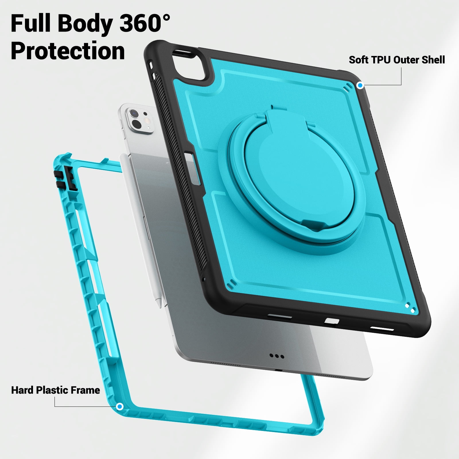 Shockproof Case for Apple iPad Air 13 Inch 2024 M2, Rugged Hybrid Protective Cover with Pencil Holder & Shoulder Strap Kids Friendly Rotating Kickstand Case for iPad Air 13" 2024, Lightblue