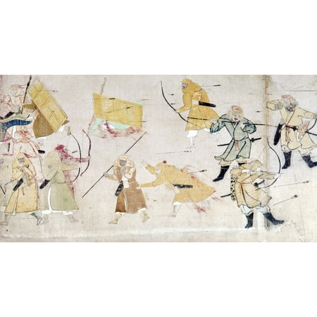 Japan Mongol Invasion Nmongol Warriors Stand Behind Thick Bamboo Screens Used As Mobile Shields During A Japanese Counterattack C1274 Detail From Japanese Scroll Painting On Paper C1293 Attributed To
