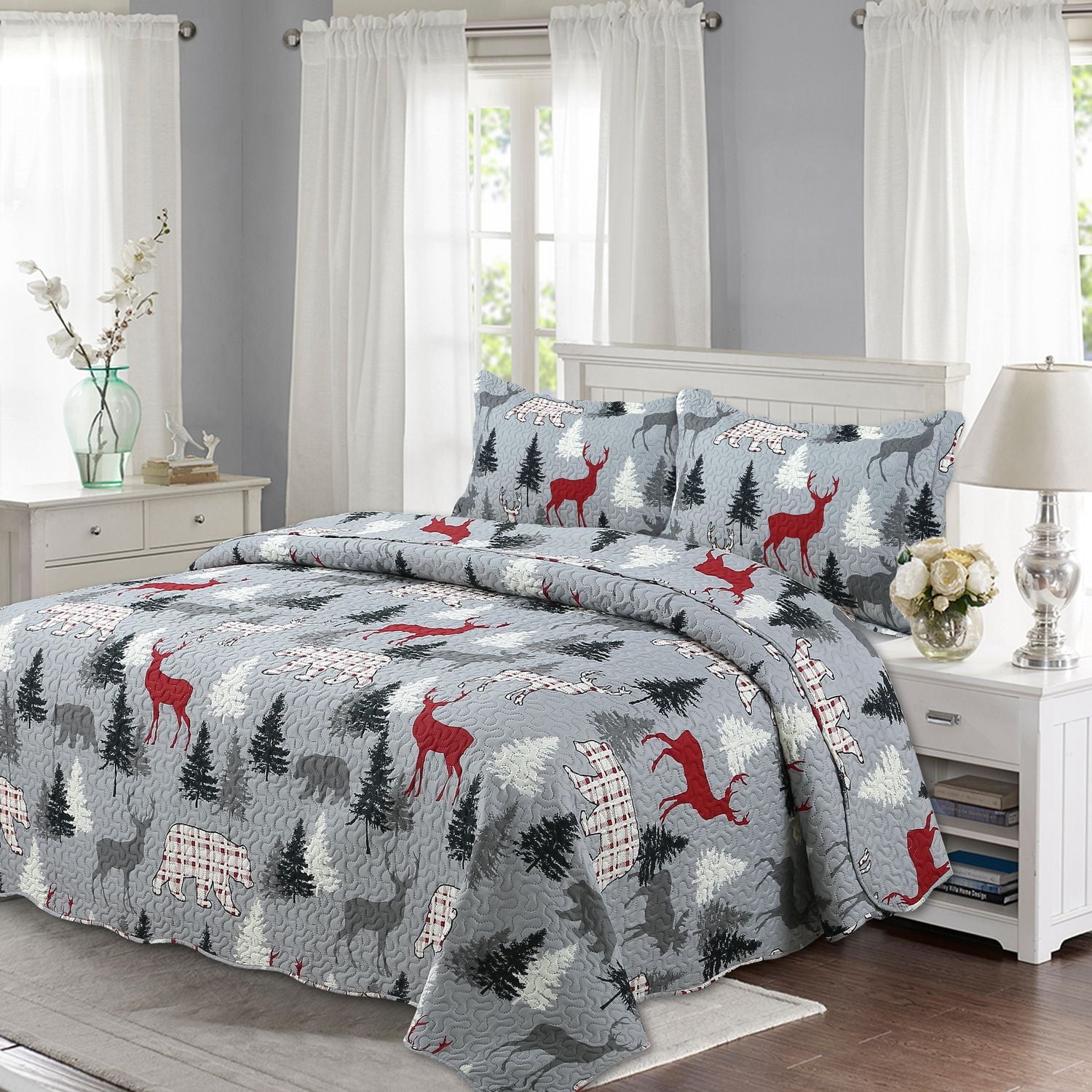 Marina Decoration Rich Printed Embossed Pinsonic Coverlet Bedspread Ultra Soft Bedding Summer Quilt Set with Shams, Cabin Reindeer Moose Bear Pattern