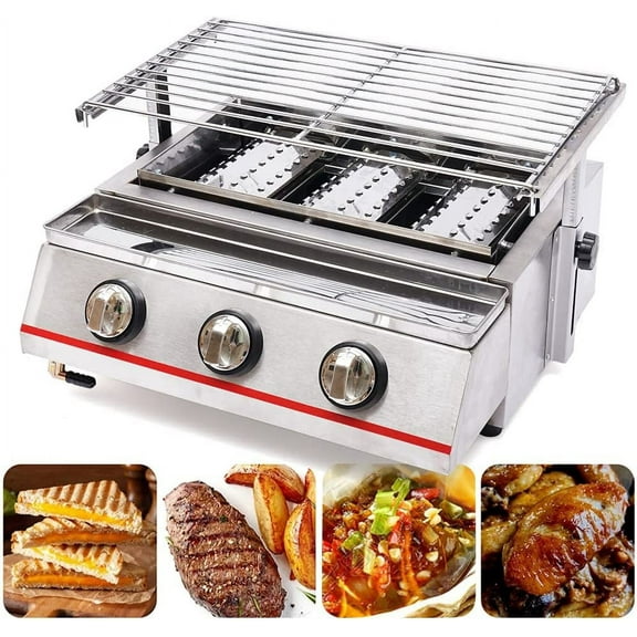Small Gas Barbecue Grill,Stainless Steel Gas BBQ Grill with 3 Burner Switches and Lift Rack,Portable Propane Gas Grill Camp BBQ Grill for Backyard Garden Patio Balcony Outdoor (18.5x16.5x7.7inch)
