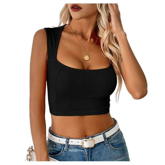 Women'S Sleeveless Crop Top Square Neck Tank Top Workout Fitness Summer Basic Tops 2025 Trendy Black XL