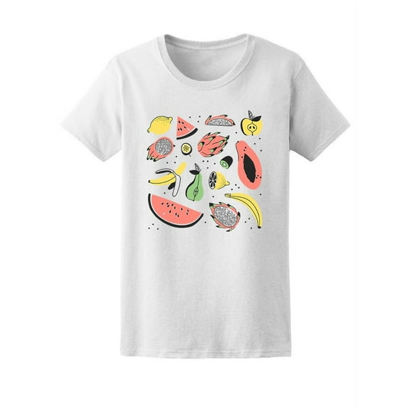 Tropical Fruits Doodles T-Shirt Women -Image by Shutterstock, Female Small