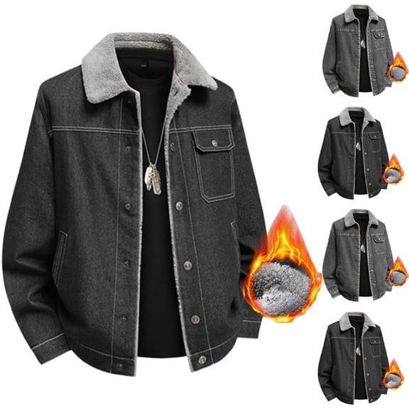 Jackets for Men Big And Tall Warm Lined Denim Jean Jacket with Pockets Full-Zip Heavyweight Loose Fit Mens Coat