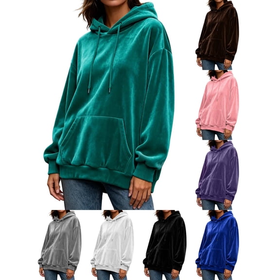 DYTTDG Women’s Solid‑Color Velour Hoodie, Long Sleeve Drawstring Loose‑Fit Hoodie With Front Kangaroo Pocket, Soft Casual Loungewear Sweatshirt for Fall Winter Daily Outfits