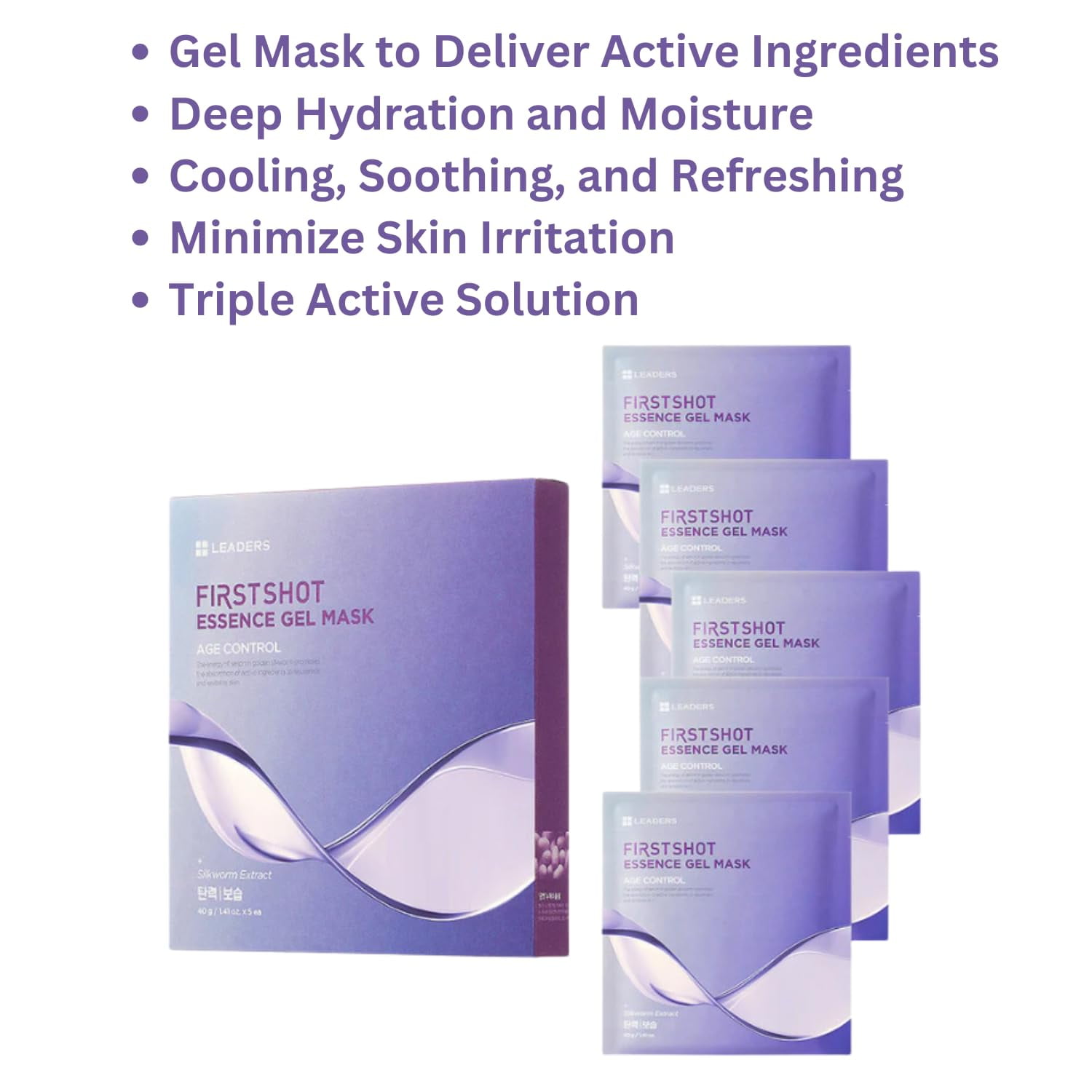 LEADERS FirstShot Essence Gel Mask Age Control - Anti-Aging, Hydrating & Regenerating Hydrogel Mask to Rejuvenate & Revitalize Skin | Age Control with Silkworm Extract for Youthful Skin - 5 Pack