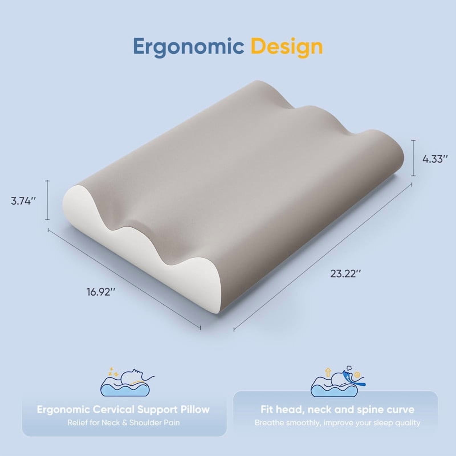 Kelno Memory Foam Pillow Ergonomic Cervical Contour Support with Dual Height Breathable Cooling Washable Cover for Side, Light Gray