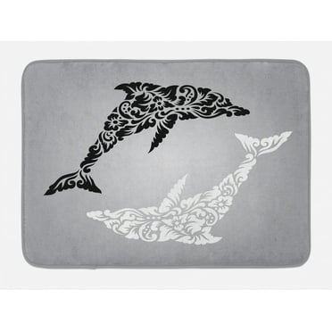Dolphin Bath Mat, Monochrome Subaquatic Design with Floral Details on Greyscale Background, Non-Slip Plush Mat Bathroom Kitchen Laundry Room Decor, 29.5 X 17.5 Inches, Pale Grey Black White, Ambesonne