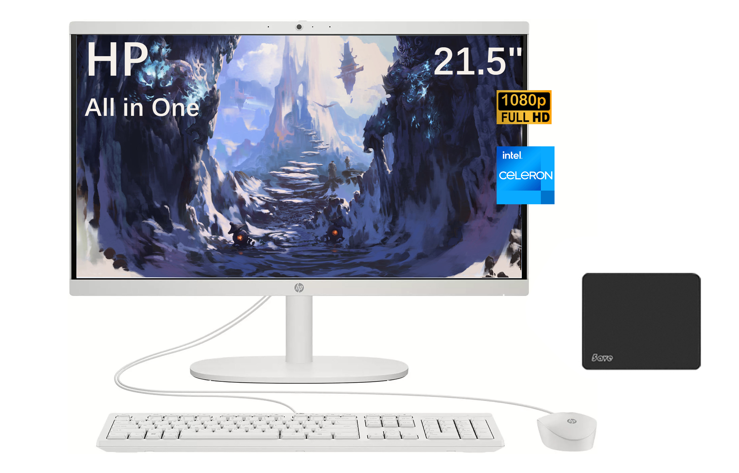 HP 21.5" All in One Desktop,1080p Full HD Display, Intel Celeron J4025 Processor, Intel UHD Graphics 600, 4GB DDR4 Memory, 128GB SSD, Windows 11 S, Anti-Glare Panel, White with 5AVE Mousepad